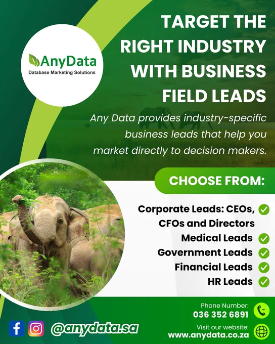 Target the Right Industry with Business Field Databases 🎯 www.anydata.co.za

Any Data provides industry-specific business databases that help you market directly to decision makers. 🎯

Choose from:
💼 Corporate Databases – CEOs, CFOs and Directors
🏥 Medical Databases
🏛️ Government Databases
💰 Financial Databases
👩‍💼 HR Databases

Run smarter B2B campaigns with reliable, sector-based business data.

Contact Any Data for pricing and more information:

📞 036 352 6891
📧 info@anydata.co.za
🌐 www.anydata.co.za

#BusinessDatabase #B2BLeads #CorporateLeads #DecisionMakers #MarketingSolutions #BusinessGrowth #IndustryDatabase #LeadLists