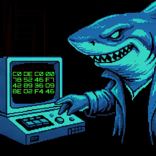 Cyber Shark using a retro computer which reads c0dec0007b5246f7428936d9bed2f446
