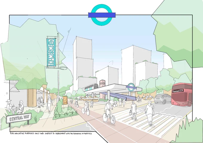 A sketch of the proposed plans which include a bus interchange, cycle lanes, pedestrianised areas and landscaping among high rise buildings.