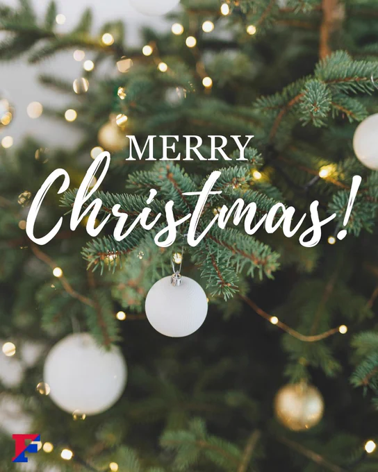 Merry Christmas with a Christmas tree background and the Fairport F logo
