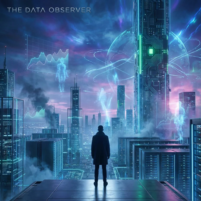 Generated with Nano Banana (gemini-3-pro-image-preview). Prompt: Photorealistic, cinematic still of a contemplative human silhouette, back to viewer, standing on a minimalist platform. Before them, a sprawling, hyper-futuristic cityscape of glowing interconnected server racks and immense data centers, pulsating with digital life. Ultra-wide, low-angle shot, emphasizing human vulnerability against tech's grandeur. Ethereal, cold blue and electric green lighting permeates the scene. Atmospheric haze, high contrast, digital luminescence. Predominantly cool color palette with soft orange and magenta accents. Holographic, ephemeral projections of abstract economic graphs, subtly visible through the haze, and symbolic digital worker outlines dissolving. Subtle global network currents. Masterpiece, breathtaking realism, award-winning photography, ultra detailed, sharp focus, magazine cover quality, thought-provoking, dramatic.
