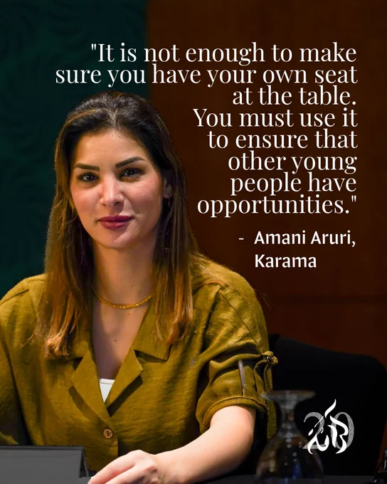 A photo of Amani Aruri next to a quote saying "It is not enough to make sure you have your own seat at the table. You must use it to ensure that other young people have opportunities"