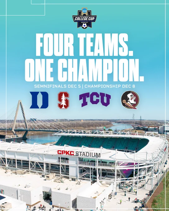 "Four Teams. One Champion" graphic for the 2025 Women's College Cup at CPKC Stadium. Semifinals Dec 5 | Championship Dec 8
Duke, Stanford, TCU & FSU.