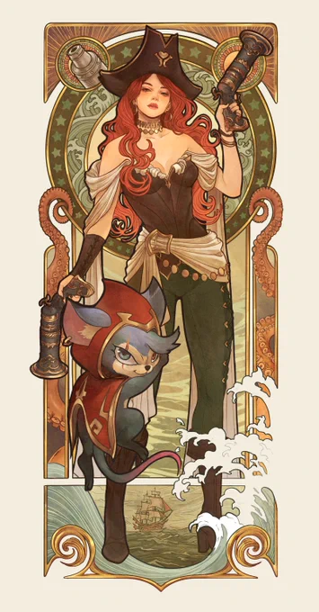 An Art Noveau inspired portrait illustration of Miss Fortune and Nimblefoot from the Teamfight Tactics set Lore & Legends. They are flanked by Bilgewater motifs: waves, tentacles, cannons. The background is a glimpse of the sea.