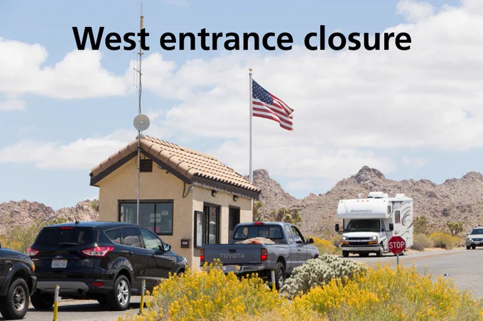 A small, peak-roofed building with an American flag and cars passing by. There is text saying "west entrance closure"