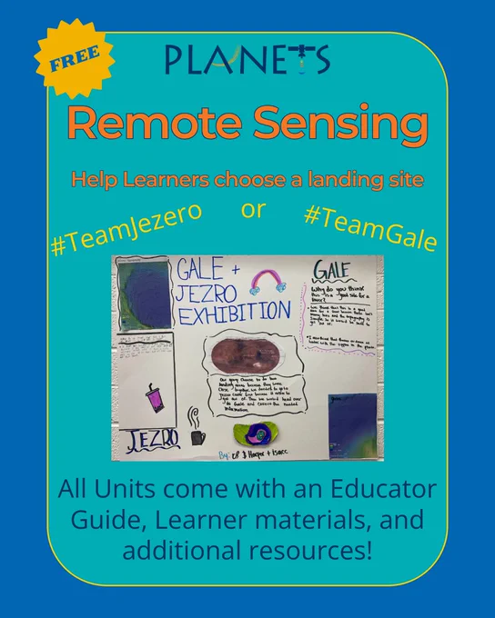 Photo of learner's results deciding whether to land in Jezero crater or Gale crater based on remote sensing analyses. Text at the bottom describes units come with educator guide, learner materials and additional resources