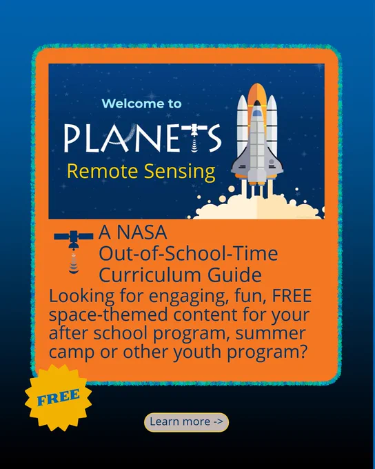 Image of a rocket on the right with description of PLANETS space-themed educational content for after school, summer camps, or other youth programs