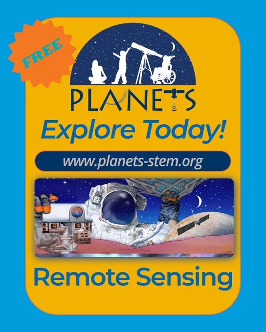 Graphic with an astronaut in front of an icy moon with a rover mast camera in front and a satellite orbiting behind. Website "www.planets-stem.org" is shown, with "Explore Today" above and "Remote Sensing" Below