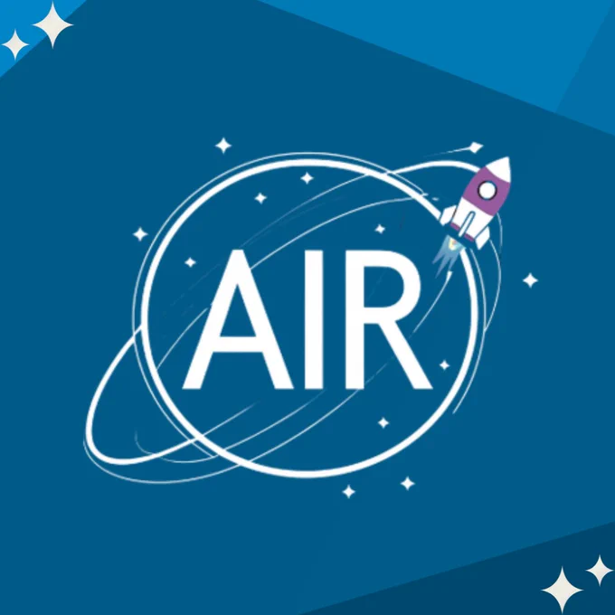 A logo for "AIR" featuring large white text inside a stylized white orbital ring, with a small purple and white rocket launching into space from the top right.
