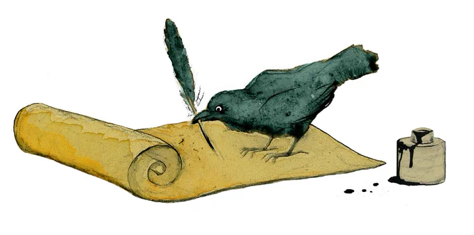 A raven cleverly uses its feather as a quill to write script on a scroll 