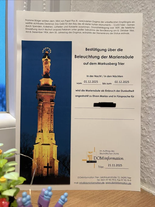 Urkunde über die Beleuchtung der Mariensäule