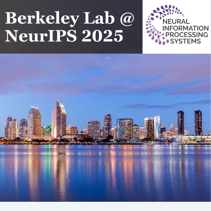 Banner for Berkeley Lab at NeurIPS 2025, featuring the Neural Information Processing Systems logo and a photograph of San Diego’s downtown skyline at dusk, with city lights reflecting off the water.