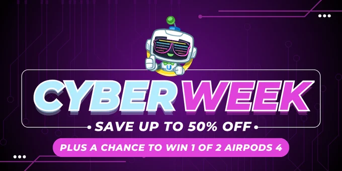 Cyber Week promotional banner with the Automator mascot, U-Bot, wearing sunglasses above the text "CYBER WEEK – Save up to 50% off" and a pink bar reading "Plus a chance to win 1 of 2 AirPods 4" set against a dark tech-themed background.
