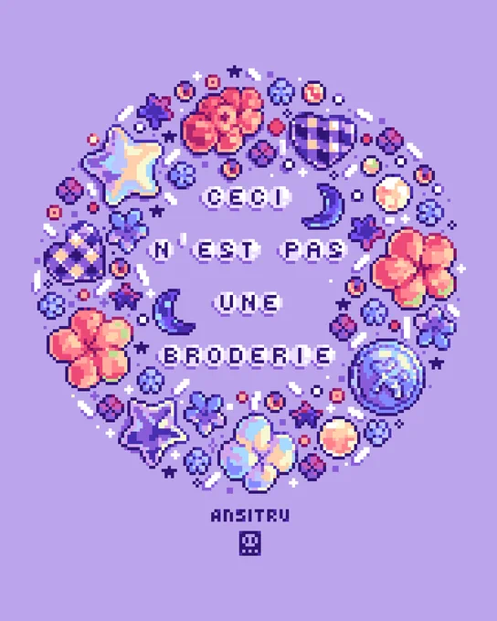 A pixel art piece based on a beaded embroidery. The letter beads read "ceci n'est pas une broderie"