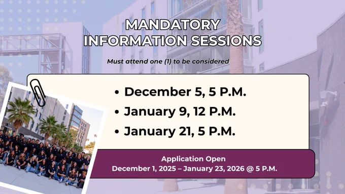 Cal State LA Housing & Residence Life. Mandatory Information Sessions. Must attend one (1) to be considered. December 5, 5 P.M. January 9, 12 P.M. January 21, 5 P.M. Application Open December 1, 2025 – January 23, 2026 @ 5 P.M.