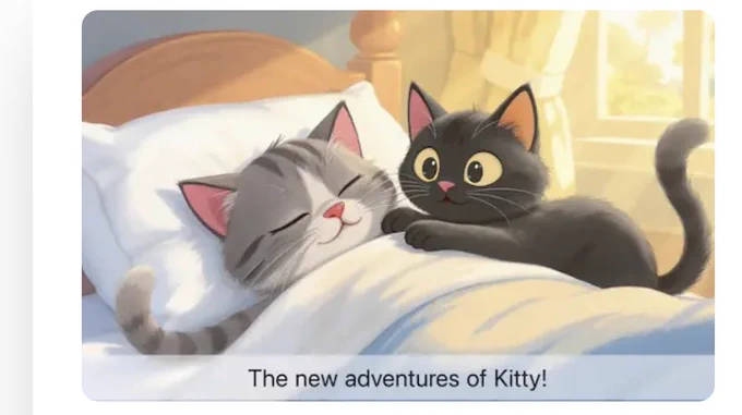 Cover page of The new adventures of Kitty. We see a cute little back cat, Kitty,  next to a bed where a grey tabby cat is sleeping.