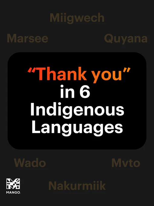 Graphic text reading: "Thank you" in 6 Indigenous Languages. Surrounding the text are the words: Miigwech, Marsee, Quyana, Wado, Mvto, Nakurmiik. The Mango Languages logo is in the bottom left corner.