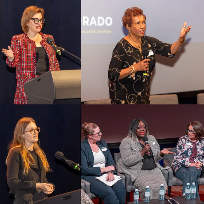 Composite image with scenes from the Behavioral Health Momentum Summit that includes three photos showing individual speakers and one photo showing three panel speakers together. 