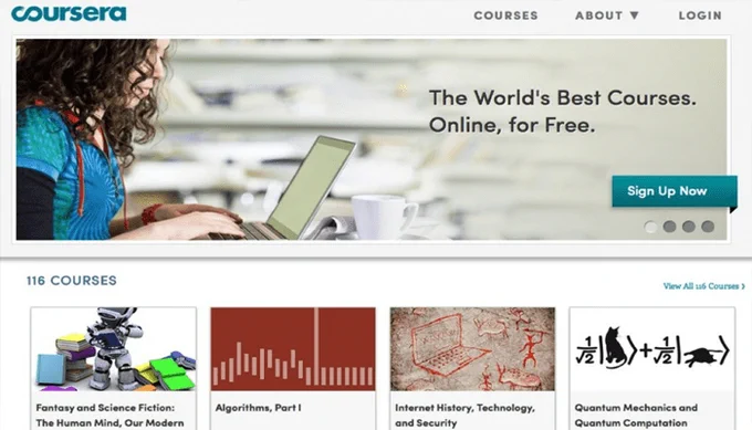 A screenshot of the Coursera homepage showing a woman using a laptop and course previews for subjects like algorithms, internet history, and quantum mechanics.