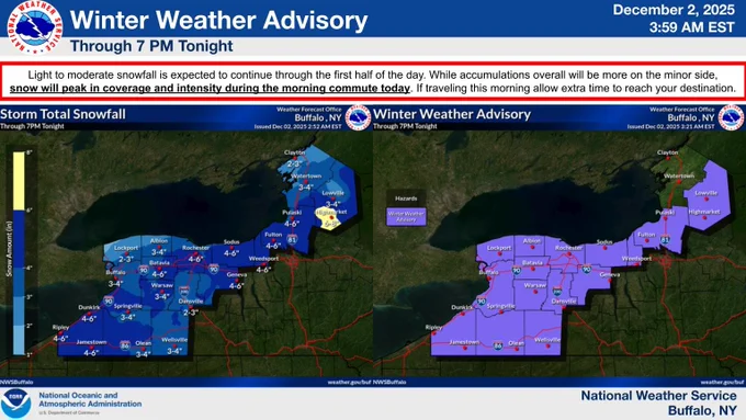 A map of current Winter Weather Advisories and snowfall expected today. 