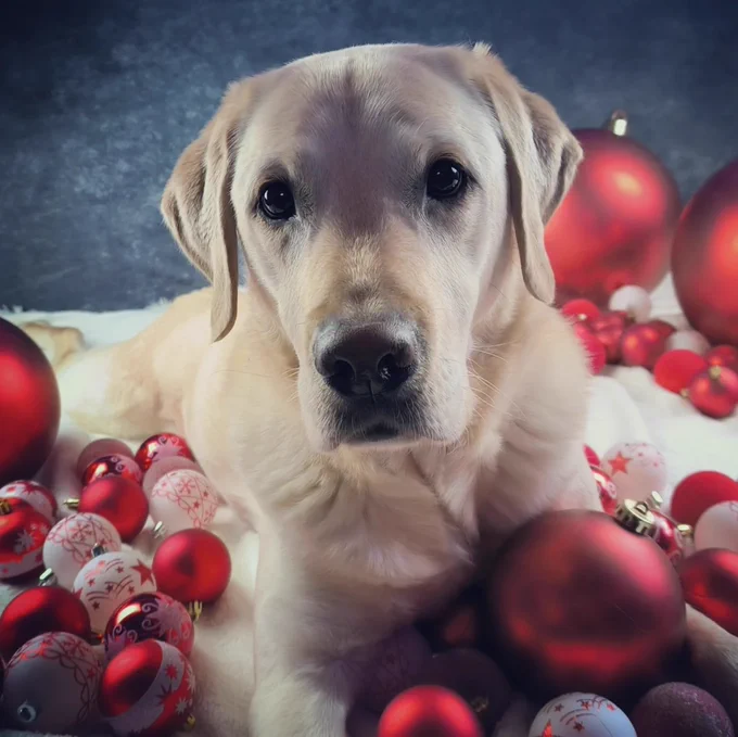 Cremefarbener Labrador schaut mit treudoofem Blick in die Kamera. Er liegt ausgestreckt auf einer weißen Decke inmitten von weiß-roten und roten Weihnachtskugeln und scheint auf etwas zu warten. 