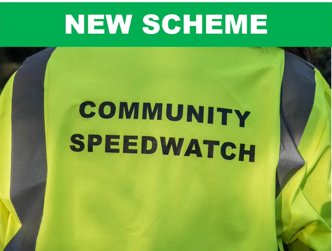 New Scheme in green banner over top of page with hi-vis jacket with community speedwatch on back