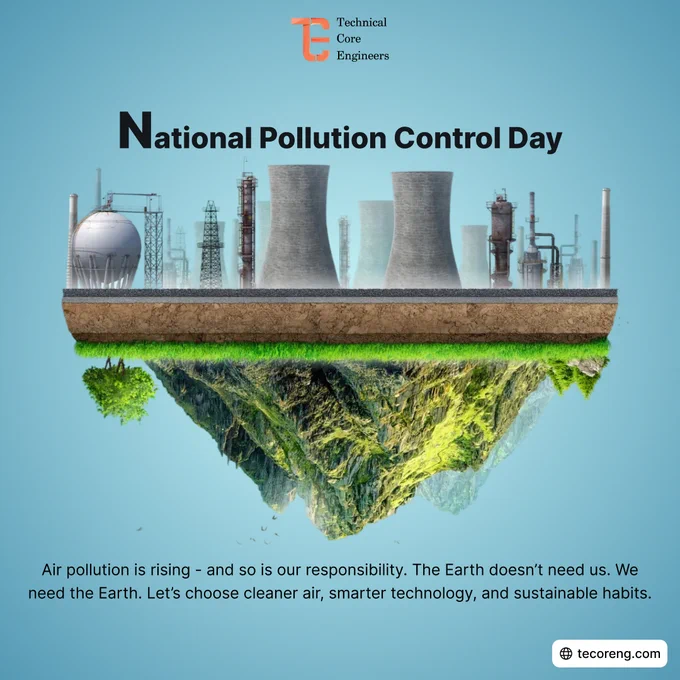 Floating island visual showing a contrast between industrial pollution on top and green landscape underneath. The post highlights National Pollution Control Day with a message about rising air pollution and the need for cleaner air, sustainable practices, and environmental responsibility.