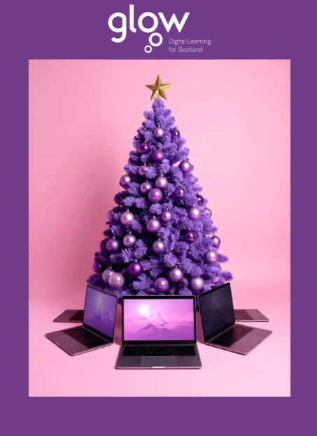 The image shows the Glow logo above a purple Christmas tree. Laptops are placed beneath the tree.