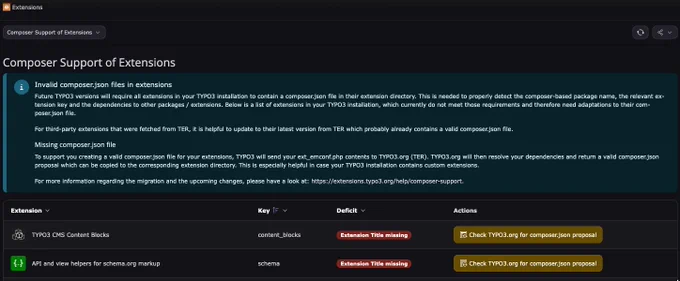 Demonstration of the EXTENSION_TITLE_MISSING error message using the example extensions “content_blocks” and “schema”.