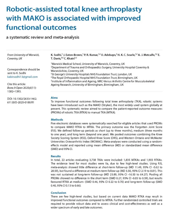Systematic review article on robotic-assisted total knee arthroplasty with MAKO showing improved functional outcomes and meta-analysis results.