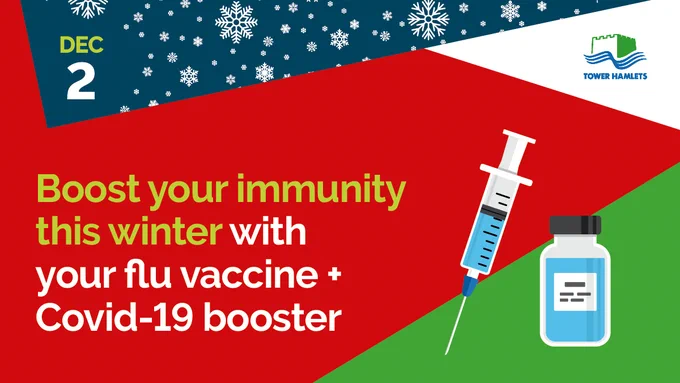Graphic showing a needle and a vaccine vial. Text on the image reads: ‘2 Dec. Boost your immunity this winter with your flu vaccine and Covid-19 booster.'