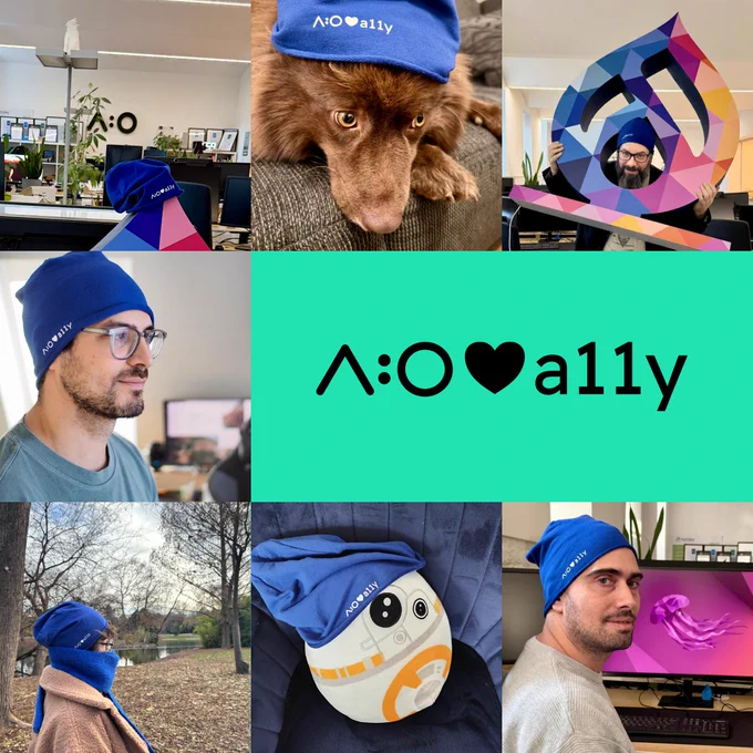 A collage of seven photos featuring people wearing blue beanies with "A:O loves a11y" written on them, including outdoor and indoor settings, pets, art, and tech devices.