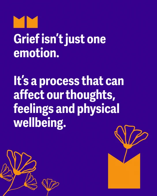 A bold purple background features white text that reads: "Grief isn't just one emotion. It’s a process that can affect our thoughts, feelings, and physical wellbeing." The design includes orange graphic elements, such as a crown at the top left and stylized flowers with one placed in a solid orange rectangle at the bottom right.