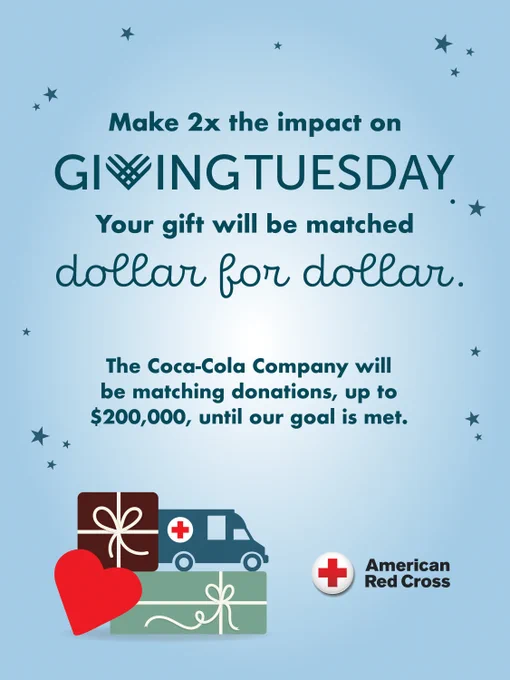 Promotional image for Giving Tuesday stating that The Coca-Cola Company will match donations dollar for dollar up to $200,000, until the goal is met. The image includes illustrations of a gift, a heart, and a Red Cross disaster relief vehicle at the bottom, alongside the American Red Cross logo.