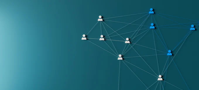 Network diagram showing interconnected white and blue user icons on a teal background representing social or data connections.