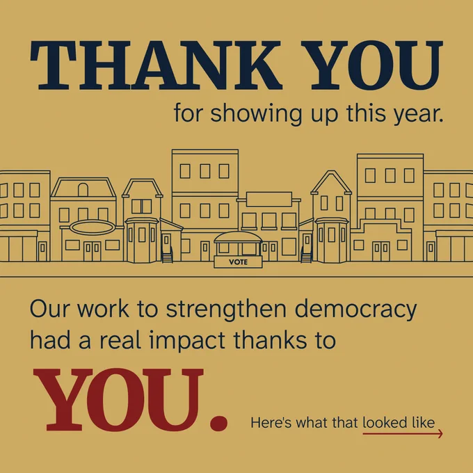 Graphic with message expressing gratitude for participation in democracy, featuring a simple line drawing of a town above a 'THANK YOU' banner. The text highlights the positive impact of the viewer's involvement.
