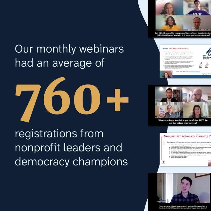 Promotional graphic for a webinar series featuring a large text "760 " indicating over 760 registrations, with background images of diverse speakers and participants in video calls, representing nonprofit leaders.