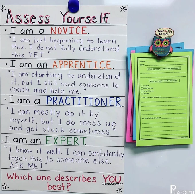 Anchor chart, titled "Assess Yourself," provides statements describing mastery levels of novice, apprentice, practitioner and expert.