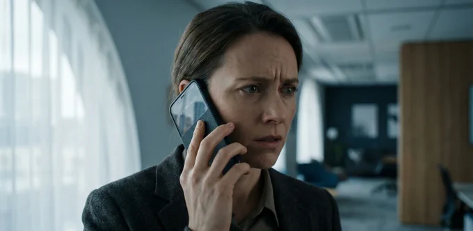 A concerned professional holding a phone to their ear inside a modern office, illustrating the pressure and uncertainty common in personal loan scam attempts.