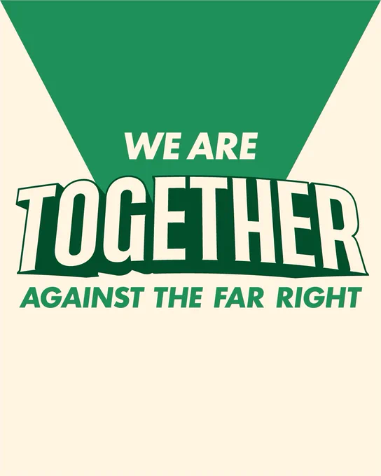 Image is on a cream background there is a green triangle and in cream text it says We are then underneath in black bordering in cream text it says together 
In green text underneath it says against the far right