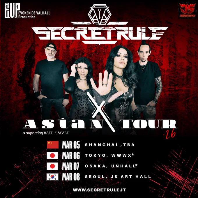 Secret Rule Asia Tour 2026 concert poster featuring four dates in March: Shanghai (5th), Tokyo (6th), Osaka (7th), Seoul (8th). Supporting Battle Beast in Tokyo and Osaka.
