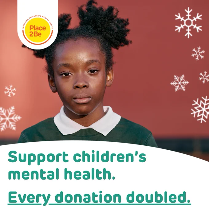 Graphic promoting support for children's mental health with a message about donation matching. Child in green school uniform in the background