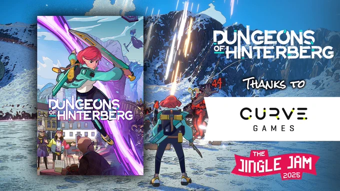 A background graphic of an animated character stood in icy, mountainous terrain with a thumbnail for the game Dungeons of Hinterberg (the same character in action with a town backdrop) on the left hand side. To the right of this is the Dungeons of Hinterberg title art. Below this, text reads “Thanks to”, with the Curve Games logo. The Jingle Jam logo is in the bottom right.
