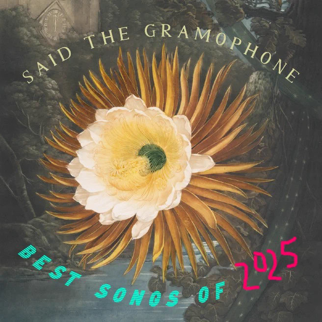 illustration of a night-blowing cereus (a scary, large yellow flower, with tendril-pettings) and the words SAID THE GRAMOPHONE, BEST SONGS OF 2025.