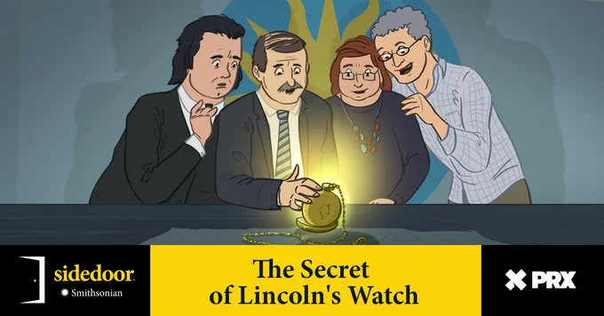 A color illustration shows four people leaning over a table to look at a glowing golden pocket watch. A man in a suit in the center holds the watch, which emits a bright yellow light. To his left, another man in a suit looks on with a hand to his chin. To the right of the central figure, a woman with red hair and a man with gray hair and glasses peer at the watch. A large, dark blue logo with a yellow sunburst is visible on the wall behind them.