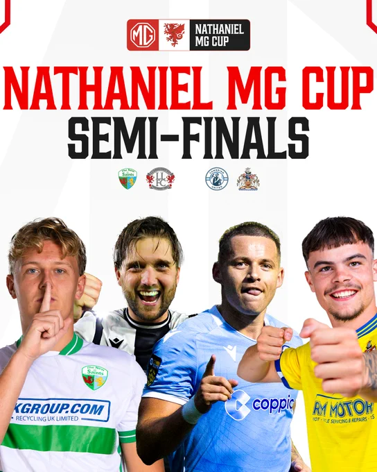 Nathaniel MG Cup semi-final graphic featuring Harvey Godsmark-Ford (The New Saints), Mark Cadwallader (Llandudno), Calum Bateman (Cambrian United) and Ieuan Owen (Barry Town United)