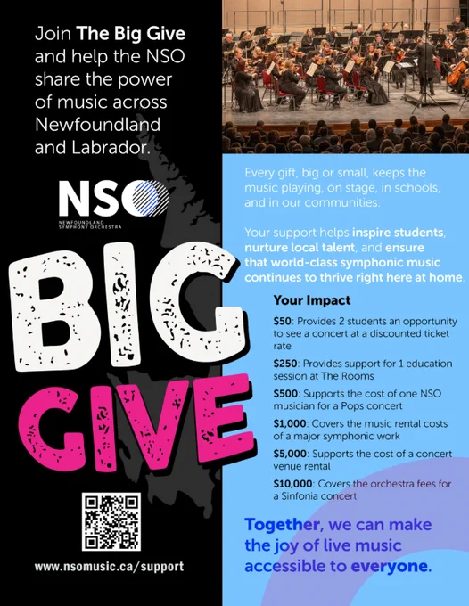 A colourful poster promoting "The Big Give" by the NSO, encouraging support for music education in Newfoundland and Labrador. The left section features large text stating "BIG GIVE," while a right column outlines different donation levels and their impacts, such as providing educational opportunities, supporting local musicians, and covering orchestra fees.