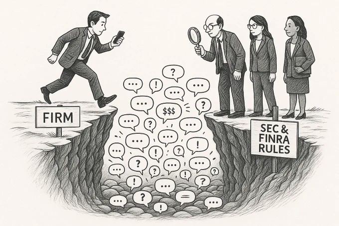 Cartoon of financial advisor labeled 'firm' looking at phone at the edge of a cliff. The other side of the cliff has three people labeled 'SEC and FINRA rules' looking into the chasm.