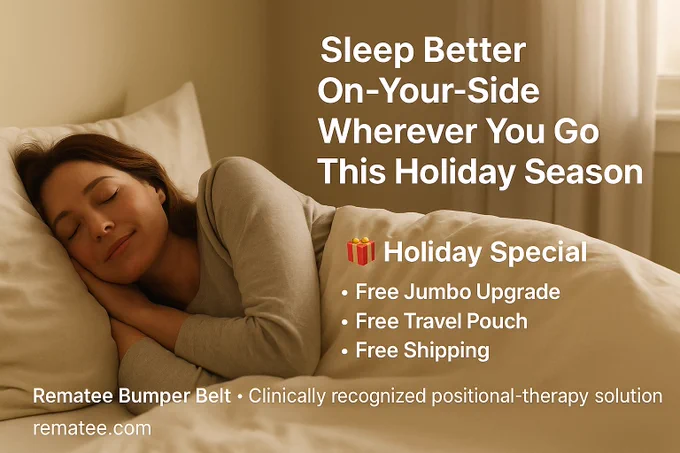 Enjoy the sleep you deserve.  Stop snoring and sleep apnea and sleep on your side.  Breath easier, enjoy a great sleep and wake up feeling refreshed