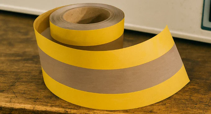 Close up of Taconic PTFE Zone Tape showing a clean adhesive free center zone designed for heat sealing and packaging equipment. The non stick PTFE surface prevents material buildup and helps create smooth, consistent seals on high speed packaging lines.